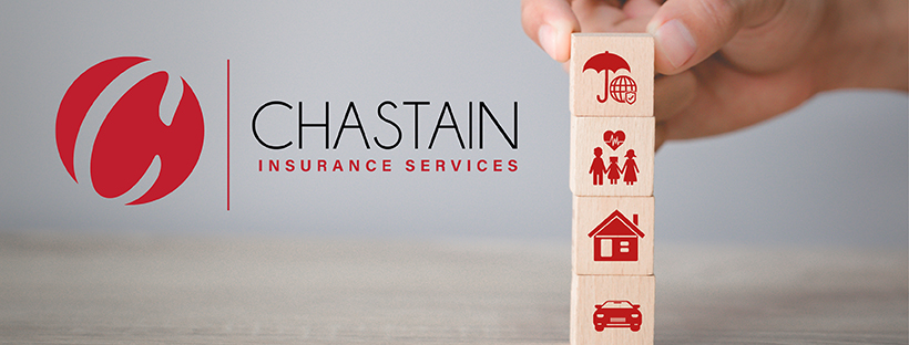 Chastain Insurance Services brand graphic showing home, auto, family, and umbrella protection